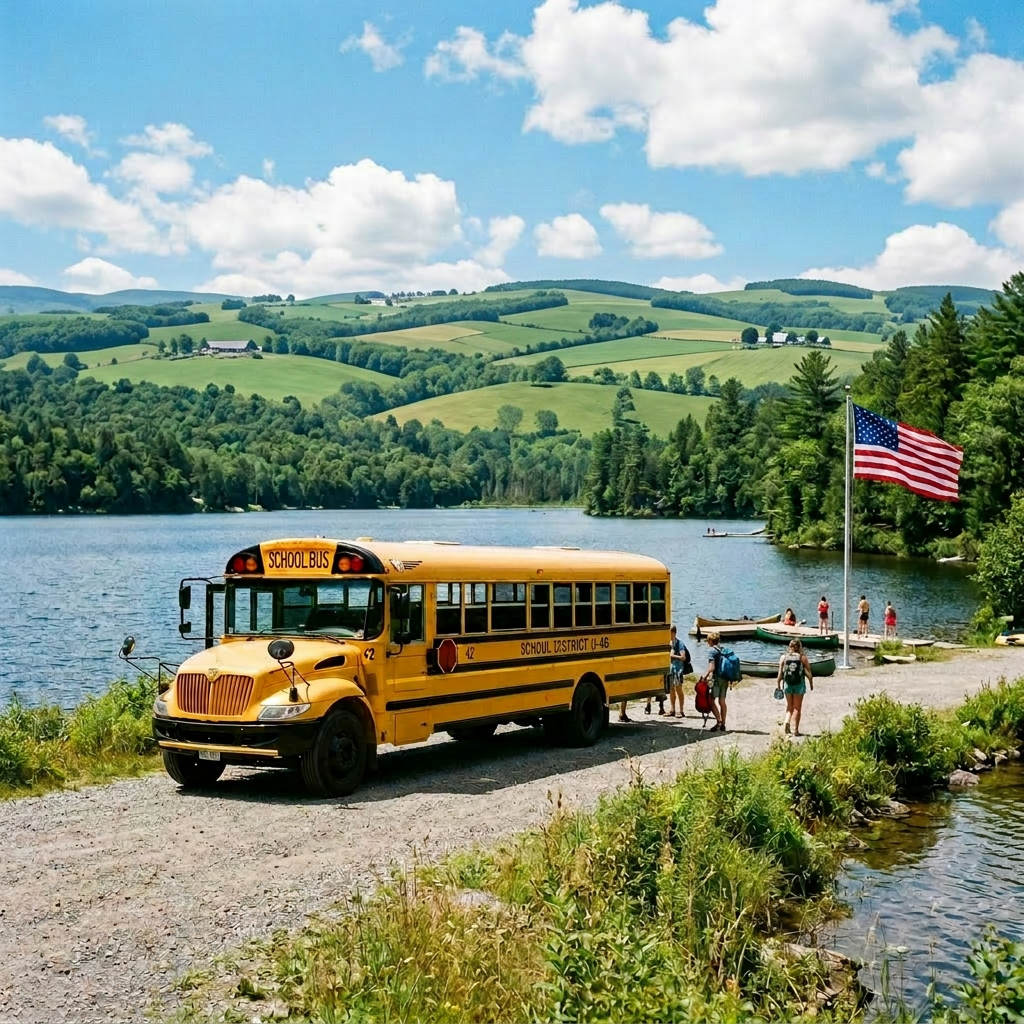 Yellow school bus parked near a lake with people carrying gear to canoes