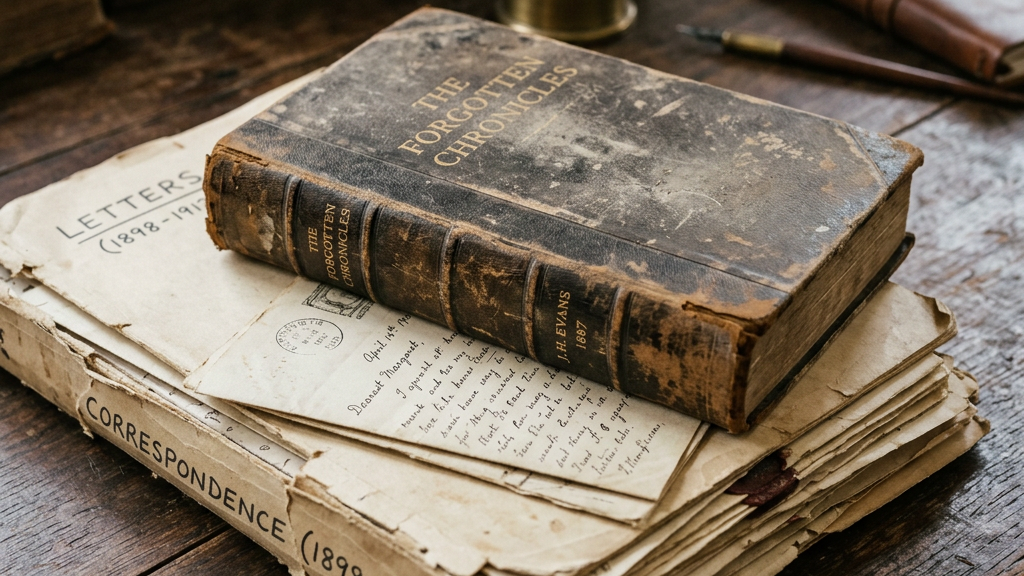 Worn book titled 'The Forgotten Chronicles' on a stack of old letters labeled 'Correspondence (1898-1912)' on a wooden surface