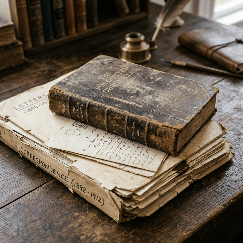 Worn book titled 'The Forgotten Chronicles' on a stack of old letters labeled 'Correspondence (1898-1912)' on a wooden surface