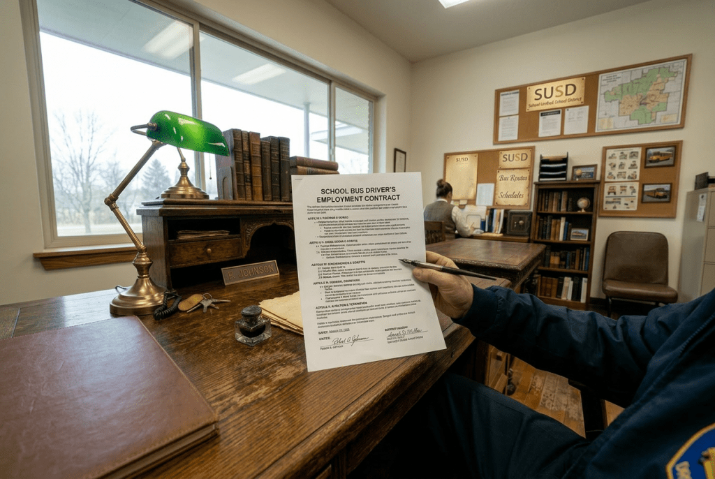 Hand holding school bus driver's employment contract with signature