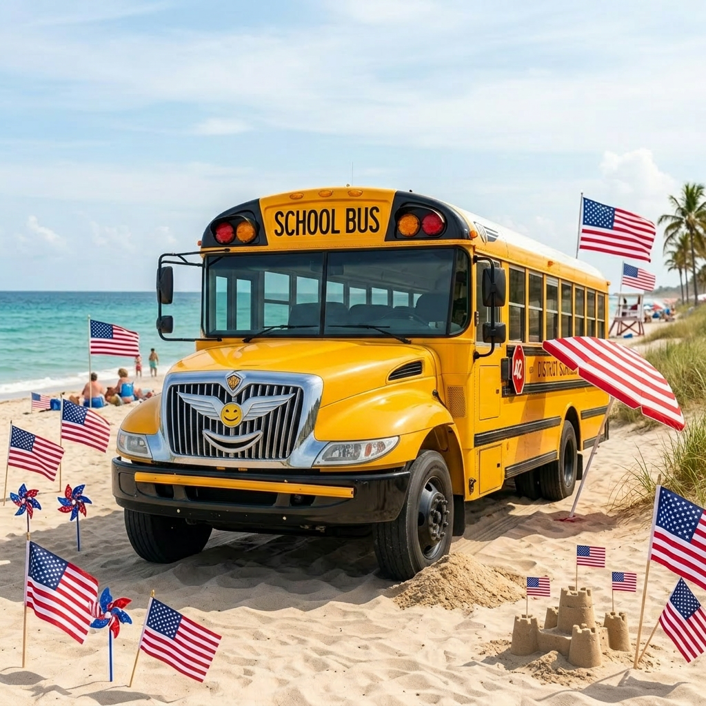 Yellow school bus with plaid blanket indoors under wooden roof